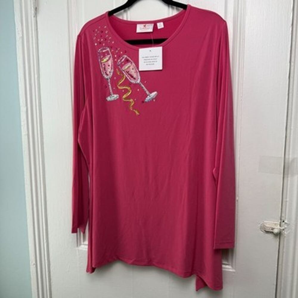 Quacker Factory Lets Get Bubbly Sequin Embellished Top Womens 1X Pink New